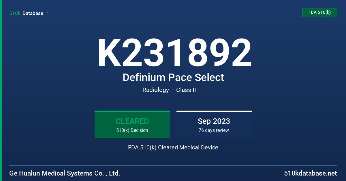 K231892 Definium Pace Select FDA 510(k) Cleared Medical Device