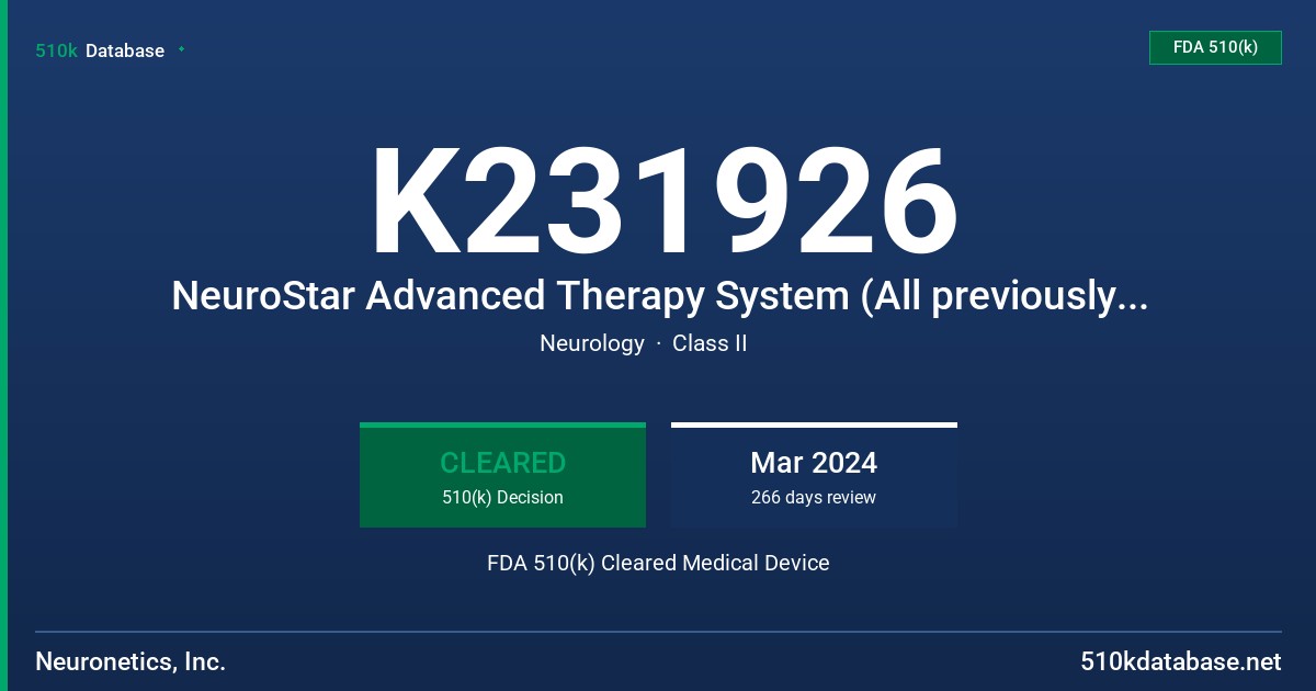 K231926 NeuroStar Advanced Therapy System (All previously cleared models) FDA 510(k) Cleared Medical Device