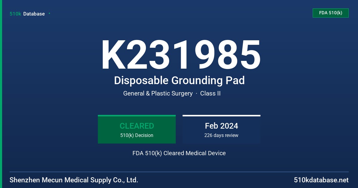 K231985 Disposable Grounding Pad FDA 510(k) Cleared Medical Device