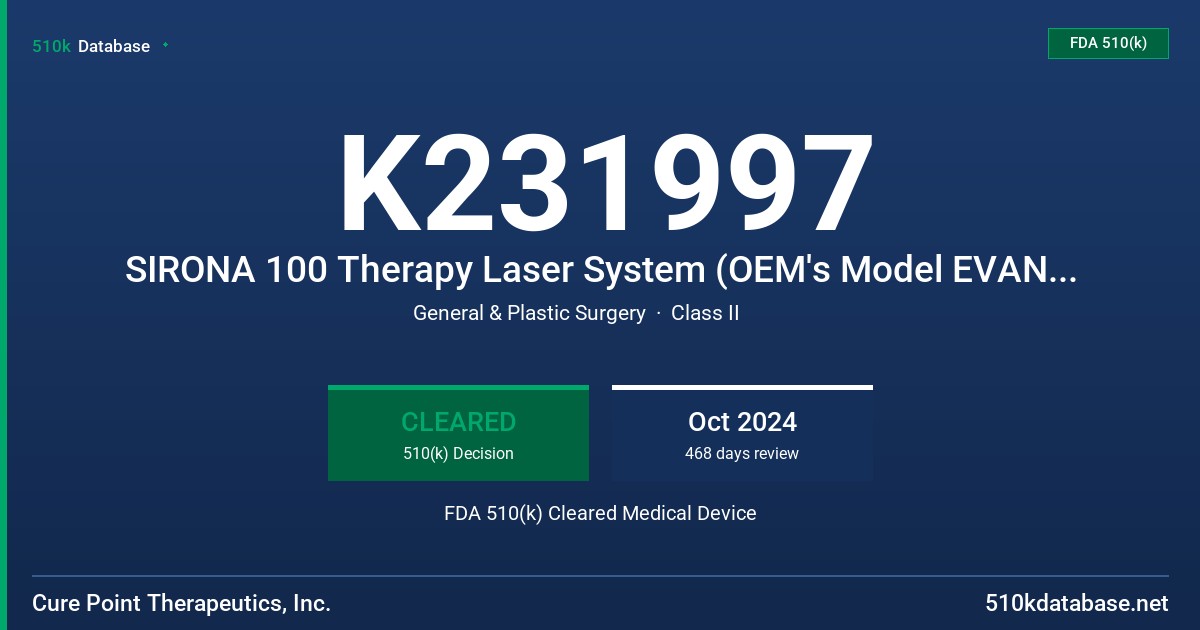 K231997 SIRONA 100 Therapy Laser System (OEM's Model EVANLAS) FDA 510(k) Cleared Medical Device