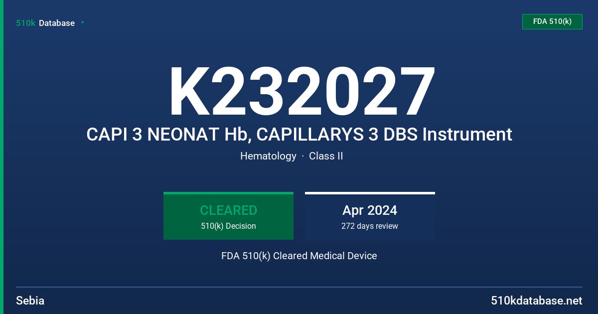 K232027 CAPI 3 NEONAT Hb, CAPILLARYS 3 DBS Instrument FDA 510(k) Cleared Medical Device