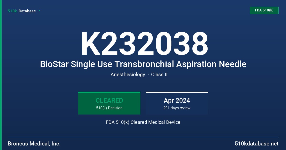 K232038 BioStar Single Use Transbronchial Aspiration Needle FDA 510(k) Cleared Medical Device
