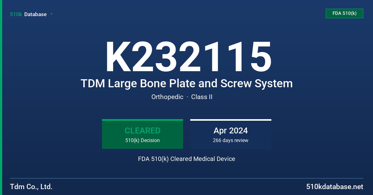 K232115 TDM Large Bone Plate and Screw System FDA 510(k) Cleared Medical Device