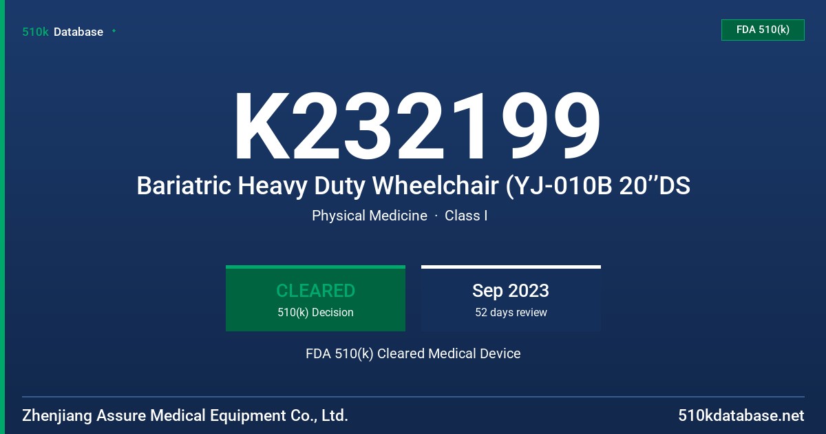 K232199 Bariatric Heavy Duty Wheelchair (YJ-010B 20’’DS FDA 510(k) Cleared Medical Device