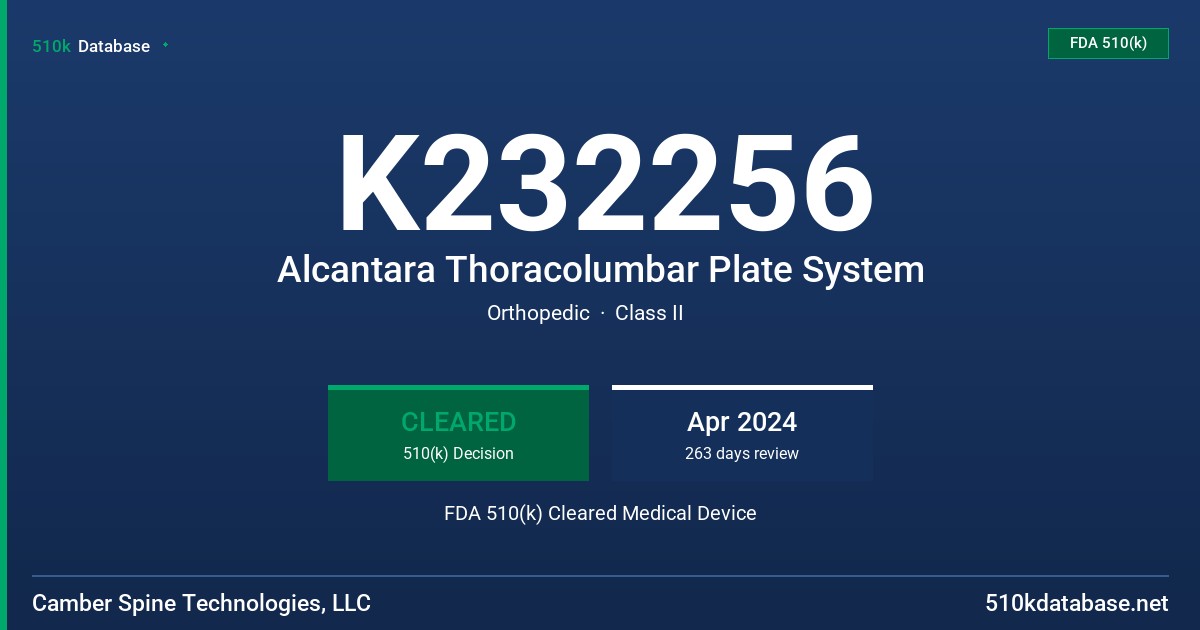 K232256 Alcantara Thoracolumbar Plate System FDA 510(k) Cleared Medical Device