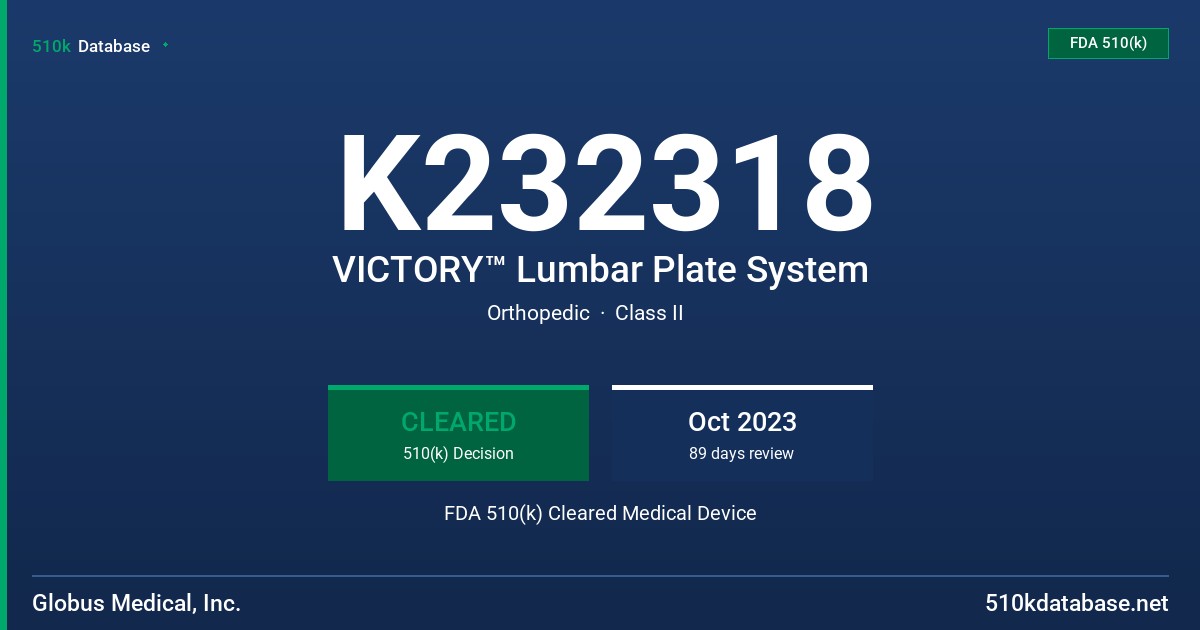 K232318 VICTORY™ Lumbar Plate System FDA 510(k) Cleared Medical Device