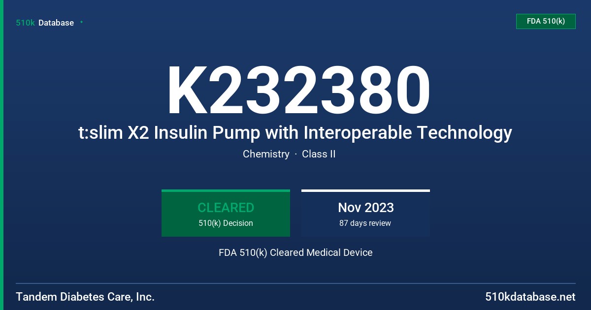 K232380 t:slim X2 Insulin Pump with Interoperable Technology FDA 510(k) Cleared Medical Device