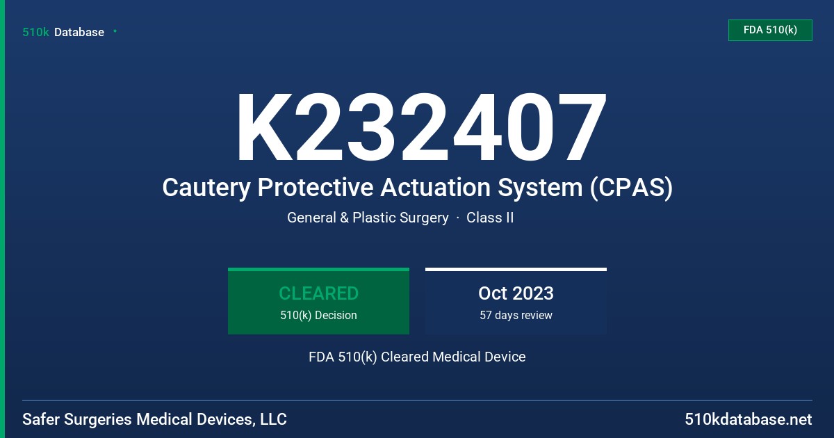 K232407 Cautery Protective Actuation System (CPAS) FDA 510(k) Cleared Medical Device