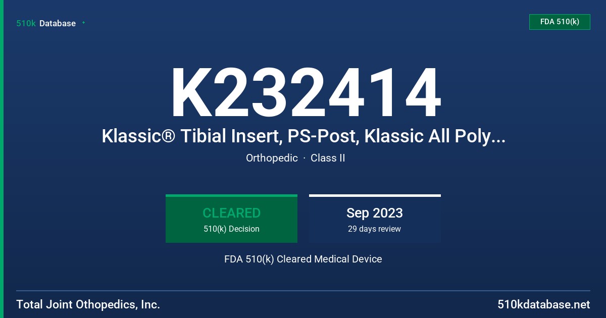 K232414 Klassic® Tibial Insert, PS-Post, Klassic All Poly Tibia, PS-Post FDA 510(k) Cleared Medical Device