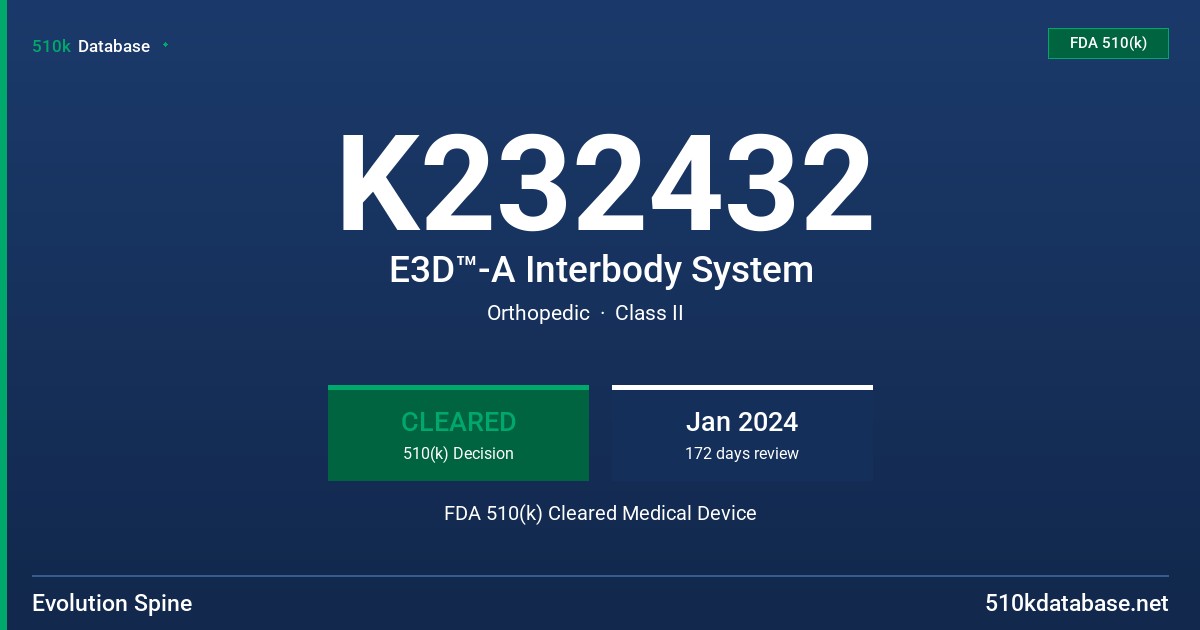 K232432 E3D™-A Interbody System FDA 510(k) Cleared Medical Device