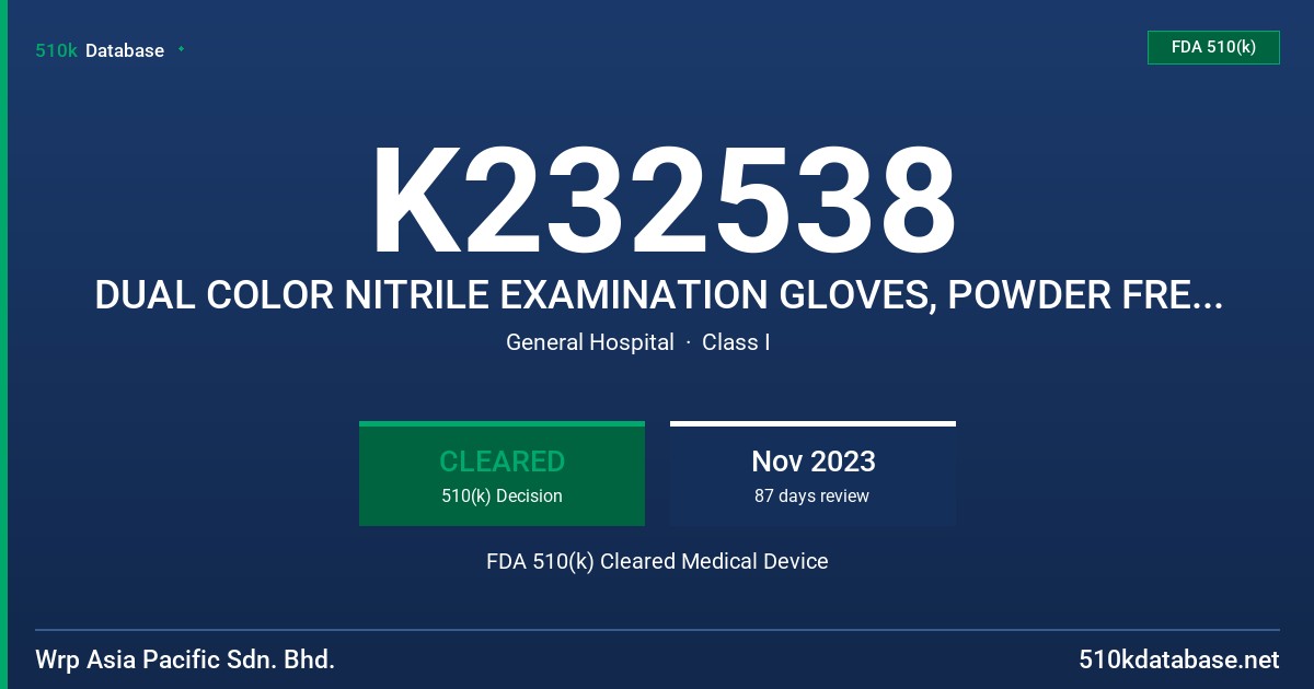 K232538 DUAL COLOR NITRILE EXAMINATION GLOVES, POWDER FREE, NON-STERILE, TESTED FOR USE WITH CHEMOTHERAPY DRUGS AND FENTANYL FDA 510(k) Cleared Medical Device