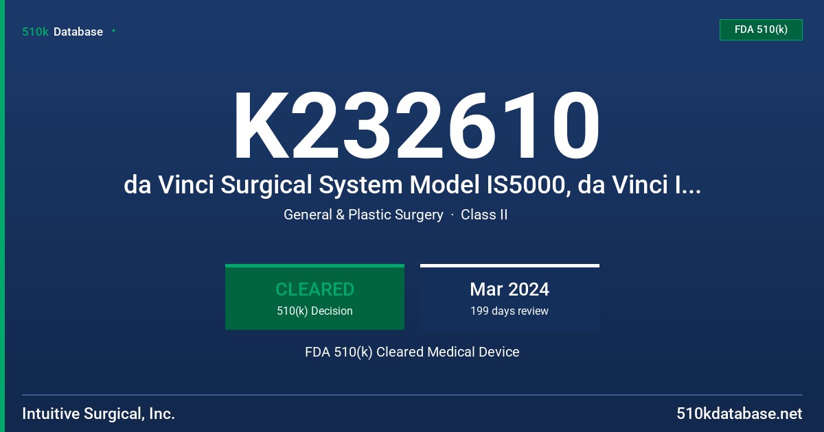 K232610 da Vinci Surgical System Model IS5000, da Vinci Insufflator and Tube Set with Smoke Evacuation FDA 510(k) Cleared Medical Device