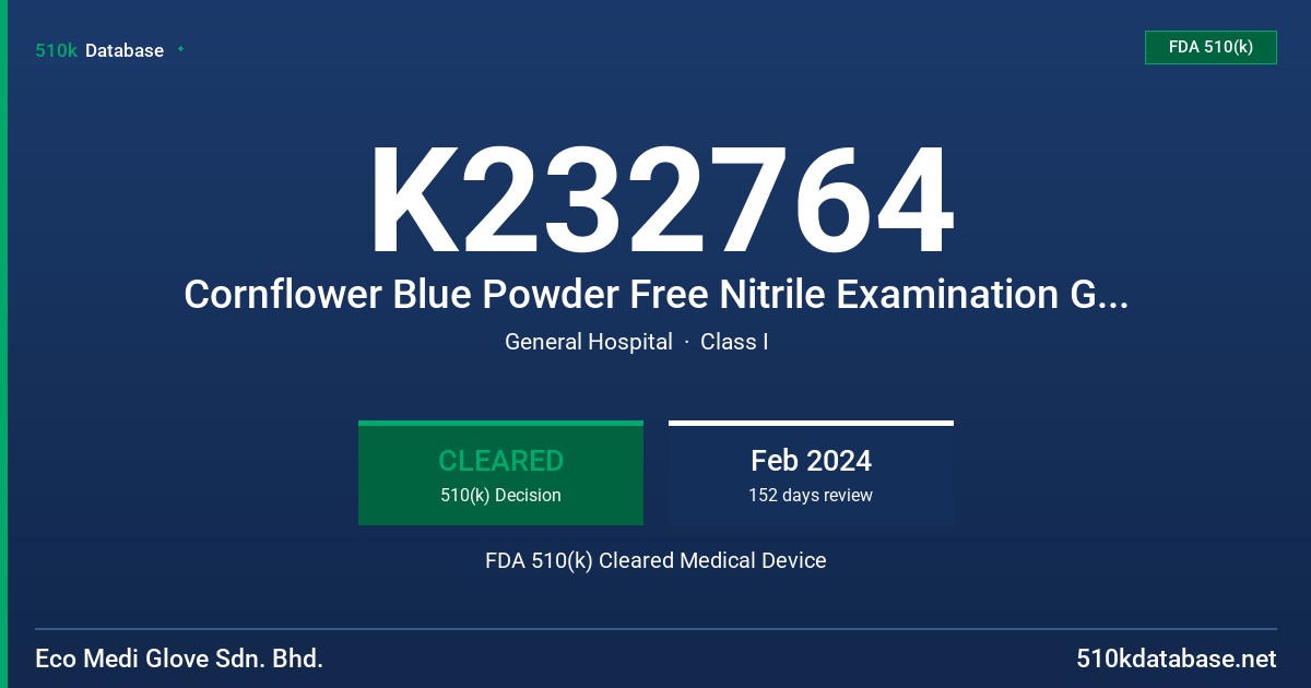 K232764 Cornflower Blue Powder Free Nitrile Examination Glove Tested for Use with Chemotherapy Drugs and Fentanyl Citrate FDA 510(k) Cleared Medical Device