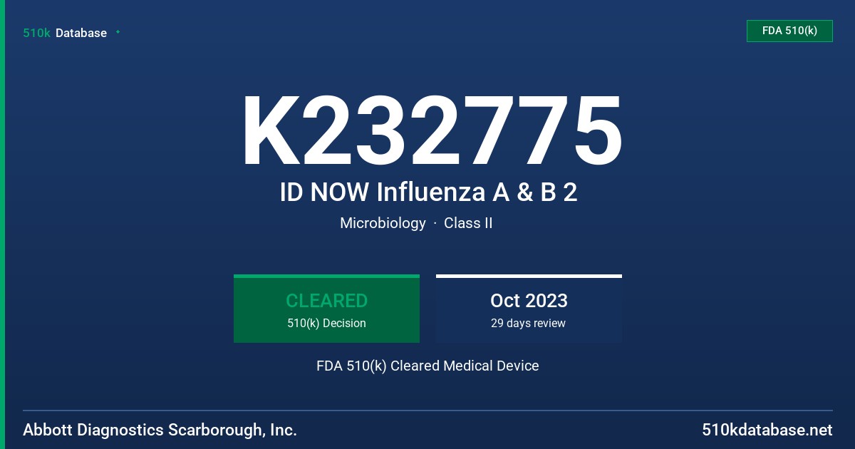 K232775 ID NOW Influenza A & B 2 FDA 510(k) Cleared Medical Device