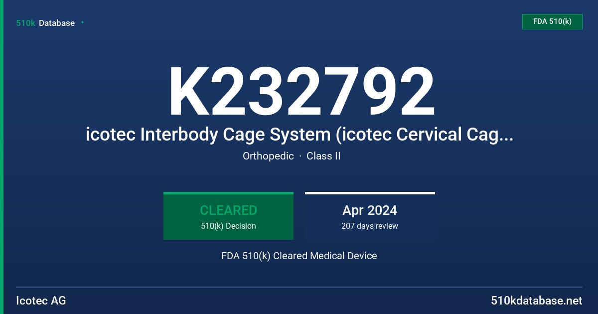 K232792 icotec Interbody Cage System (icotec Cervical Cage, icotec PLIF Lumbar Cage, icotec ETurn™ TLIF Lumbar Cage) FDA 510(k) Cleared Medical Device