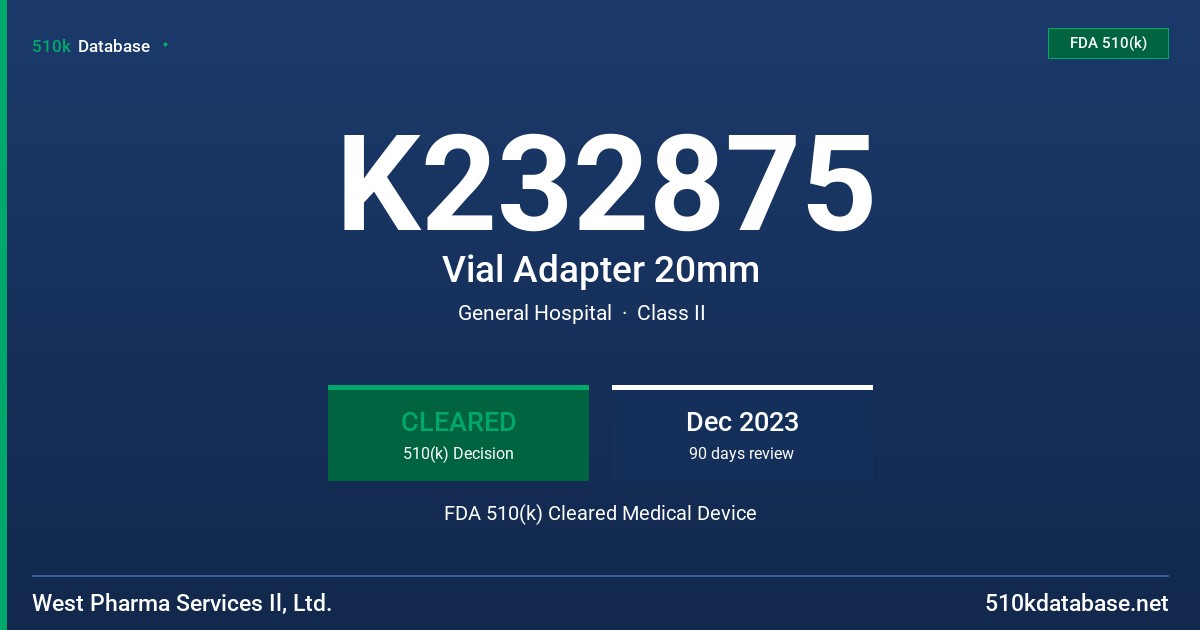 K232875 Vial Adapter 20mm FDA 510(k) Cleared Medical Device