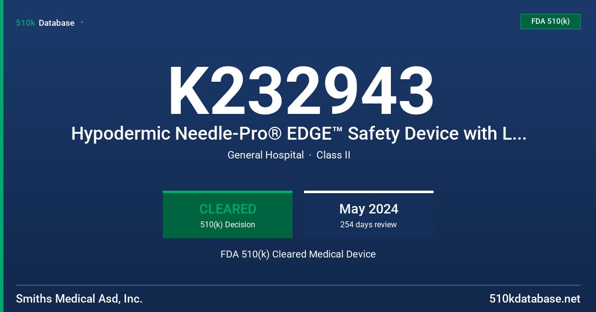 K232943 Hypodermic Needle-Pro® EDGE™ Safety Device with Low Dead Space Syringe FDA 510(k) Cleared Medical Device