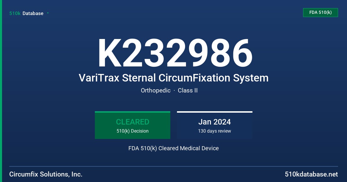 K232986 VariTrax Sternal CircumFixation System FDA 510(k) Cleared Medical Device