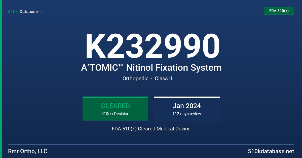 K232990 A’TOMIC™ Nitinol Fixation System FDA 510(k) Cleared Medical Device