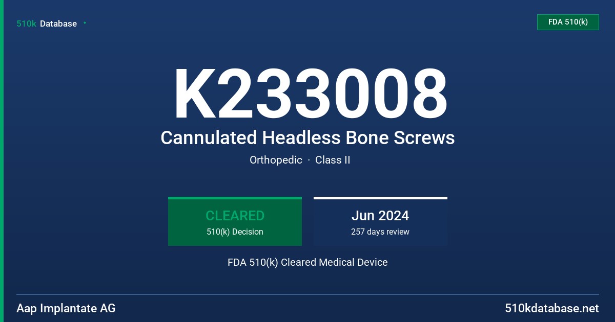 K233008 Cannulated Headless Bone Screws FDA 510(k) Cleared Medical Device