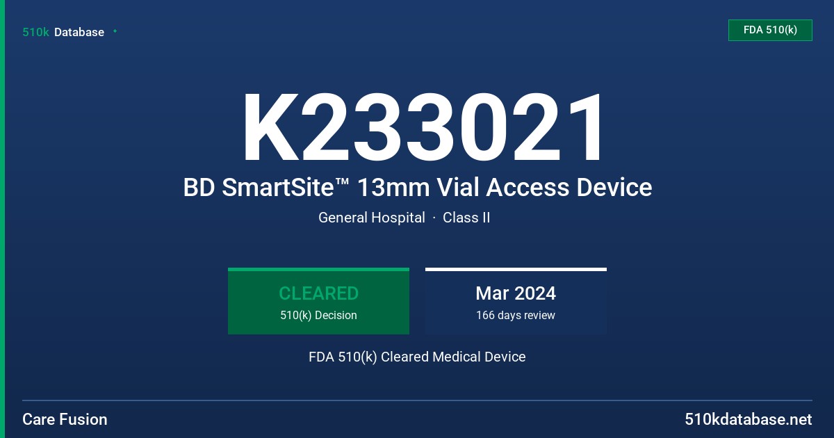K233021 BD SmartSite™ 13mm Vial Access Device FDA 510(k) Cleared Medical Device