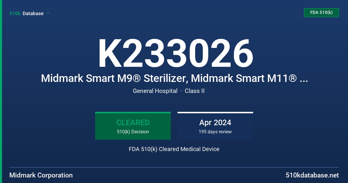 K233026 Midmark Smart M9® Sterilizer, Midmark Smart M11® Sterilizer FDA 510(k) Cleared Medical Device