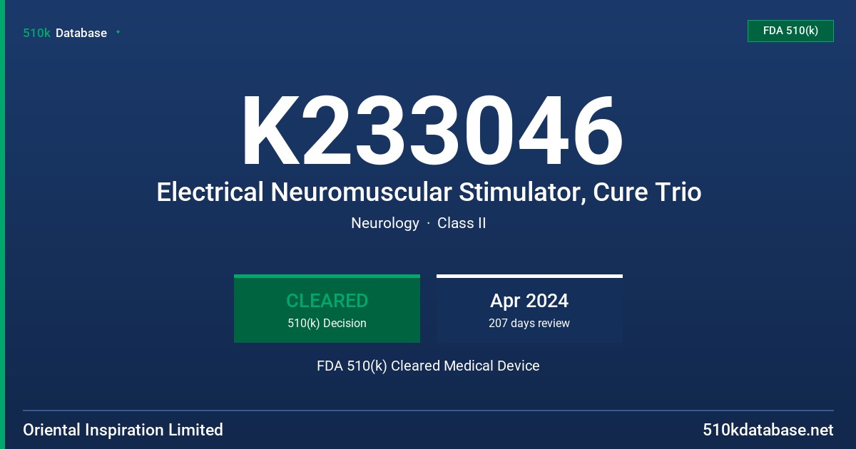 K233046 Electrical Neuromuscular Stimulator, Cure Trio FDA 510(k) Cleared Medical Device