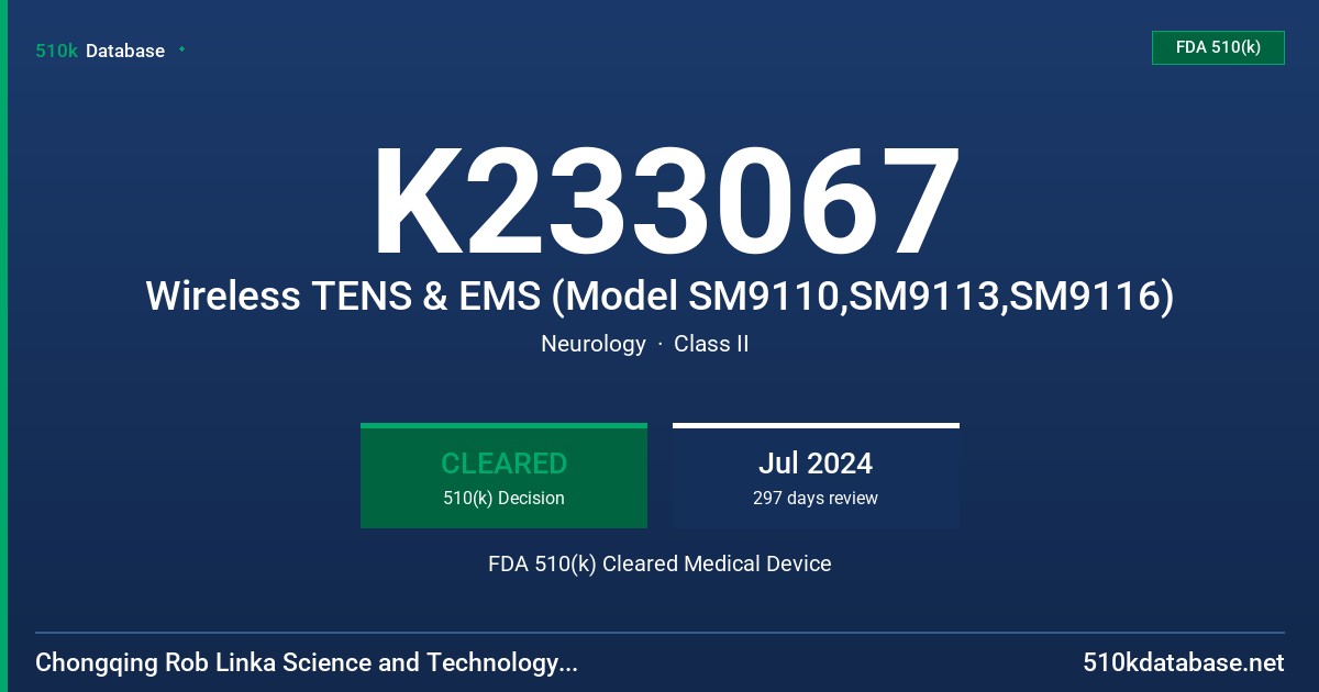 K233067 Wireless TENS & EMS (Model SM9110,SM9113,SM9116) FDA 510(k) Cleared Medical Device