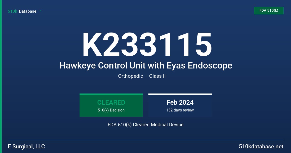 K233115 Hawkeye Control Unit with Eyas Endoscope FDA 510(k) Cleared Medical Device