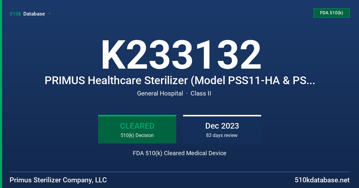 K233132 PRIMUS Healthcare Sterilizer (Model PSS11-HA & PSS11-HB) FDA 510(k) Cleared Medical Device