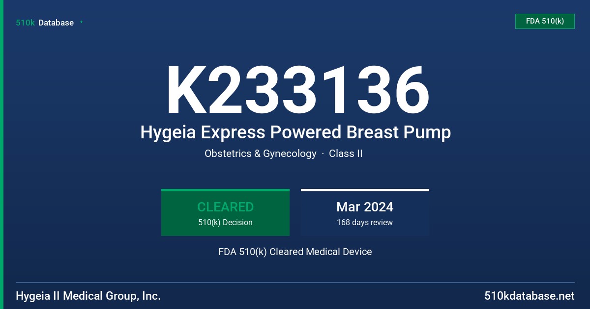 K233136 Hygeia Express Powered Breast Pump FDA 510(k) Cleared Medical Device