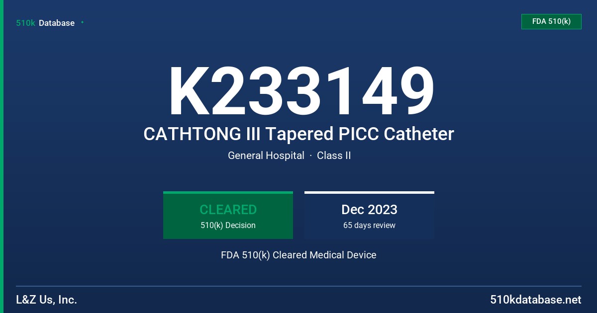 K233149 CATHTONG III Tapered PICC Catheter FDA 510(k) Cleared Medical Device