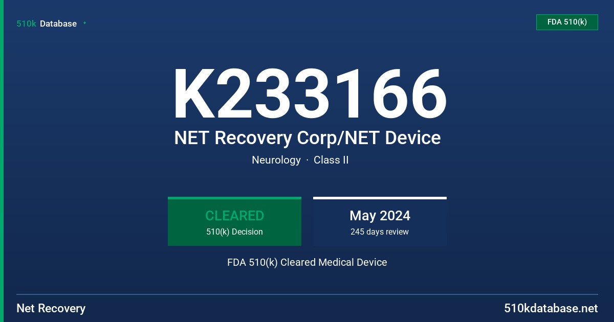 K233166 NET Recovery Corp/NET Device FDA 510(k) Cleared Medical Device
