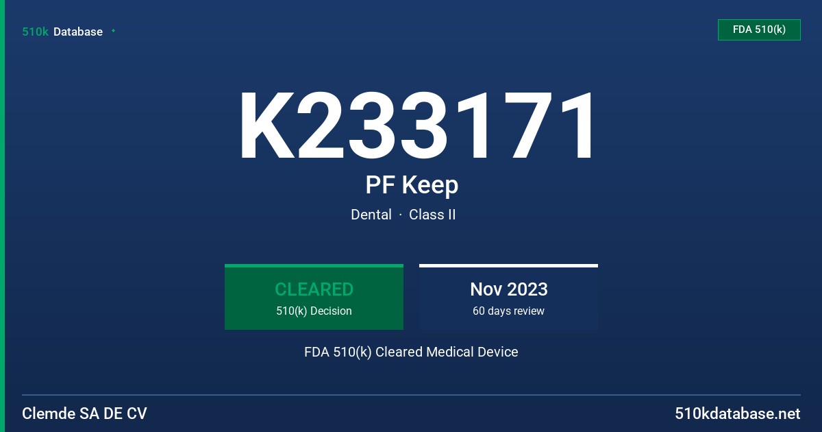K233171 PF Keep FDA 510(k) Cleared Medical Device