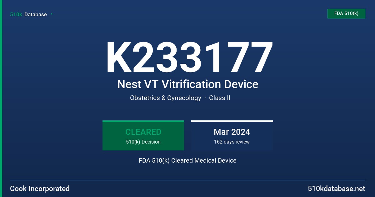 K233177 Nest VT Vitrification Device FDA 510(k) Cleared Medical Device