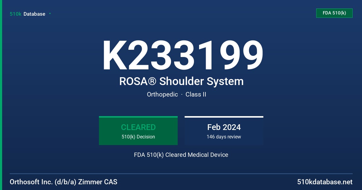 K233199 ROSA® Shoulder System FDA 510(k) Cleared Medical Device