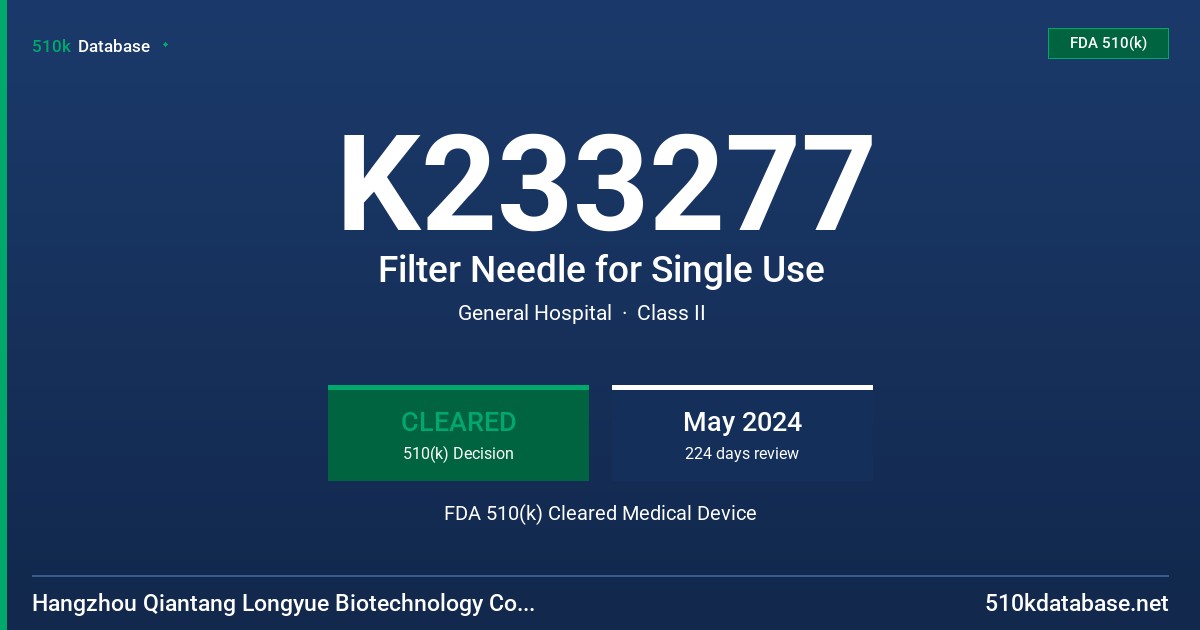 K233277 Filter Needle for Single Use FDA 510(k) Cleared Medical Device