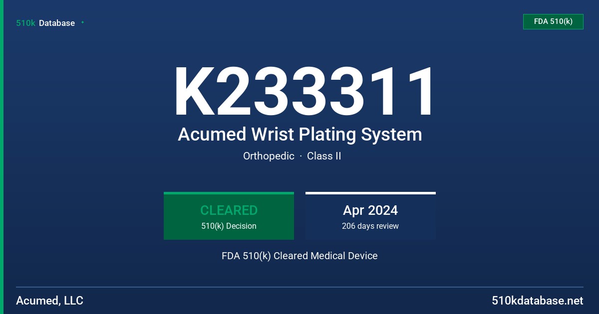 K233311 Acumed Wrist Plating System FDA 510(k) Cleared Medical Device