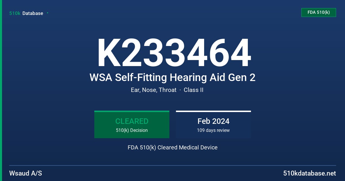 K233464 WSA Self-Fitting Hearing Aid Gen 2 FDA 510(k) Cleared Medical Device