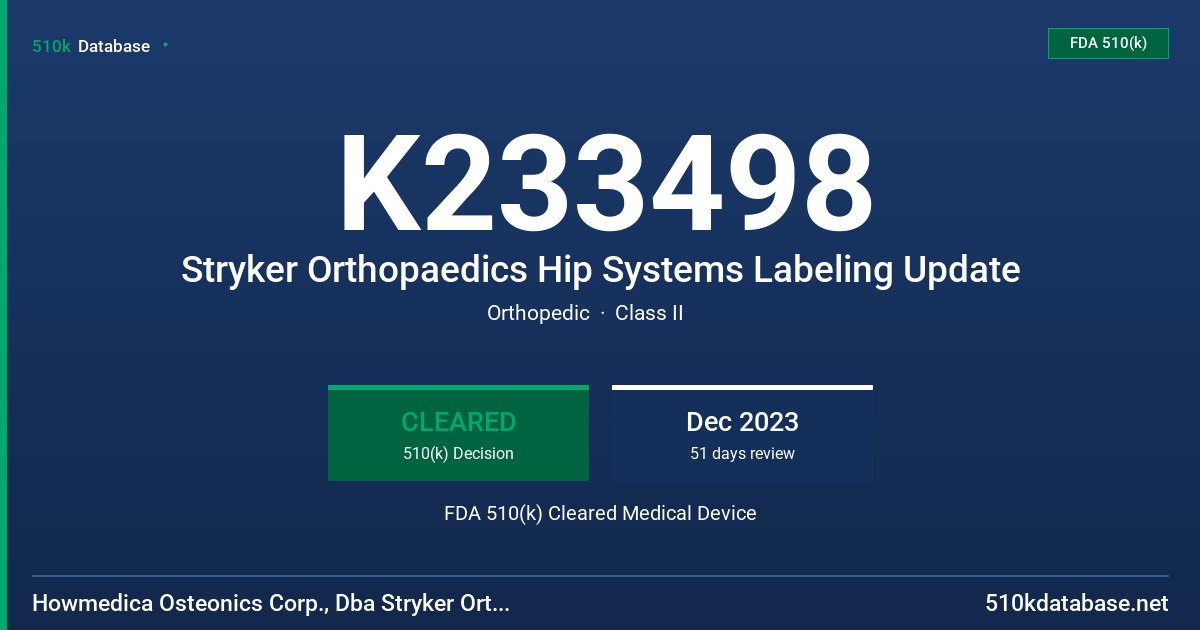 K233498 Stryker Orthopaedics Hip Systems Labeling Update FDA 510(k) Cleared Medical Device