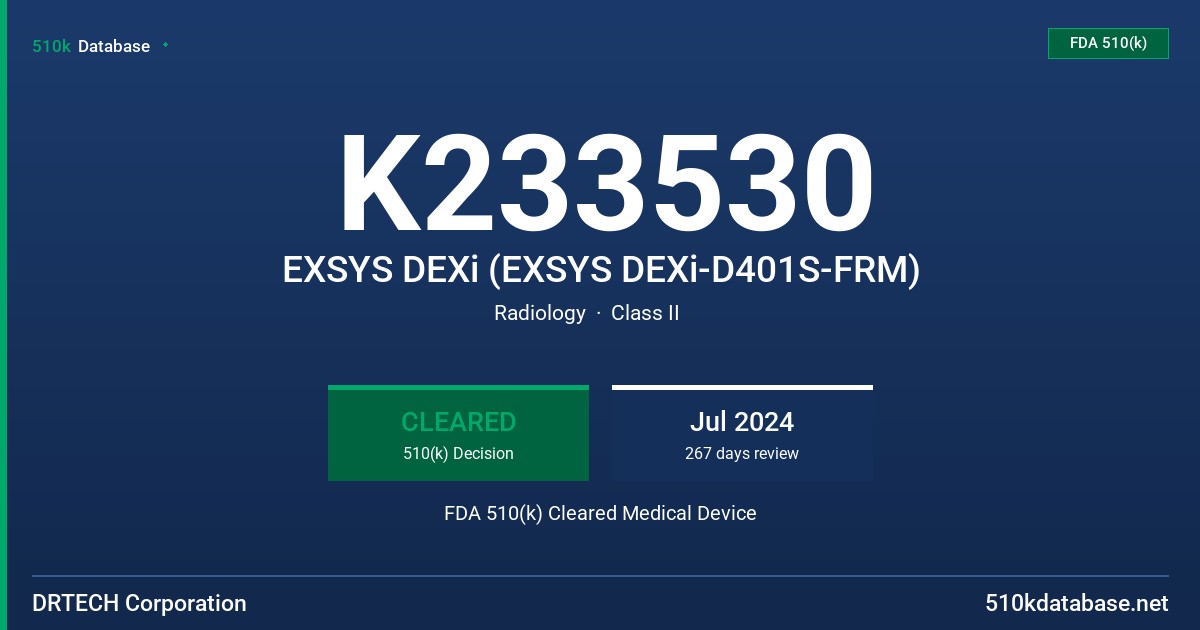 K233530 EXSYS DEXi (EXSYS DEXi-D401S-FRM) FDA 510(k) Cleared Medical Device