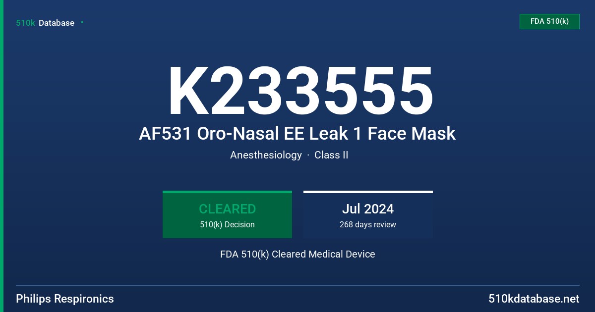 K233555 AF531 Oro-Nasal EE Leak 1 Face Mask FDA 510(k) Cleared Medical Device