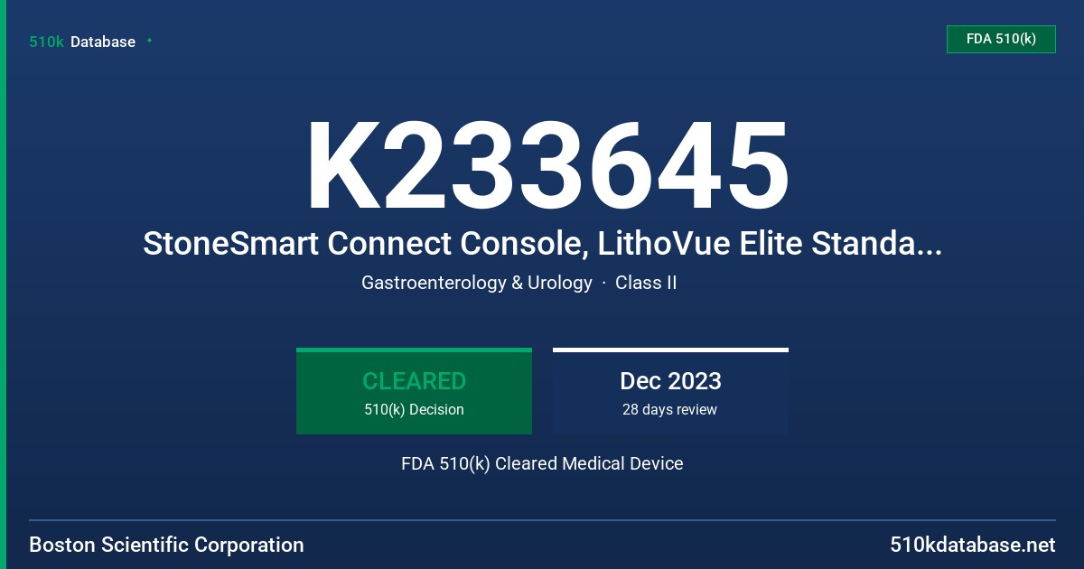 K233645 StoneSmart Connect Console, LithoVue Elite Standard Deflection, LithoVue Elite Reverse Deflection FDA 510(k) Cleared Medical Device