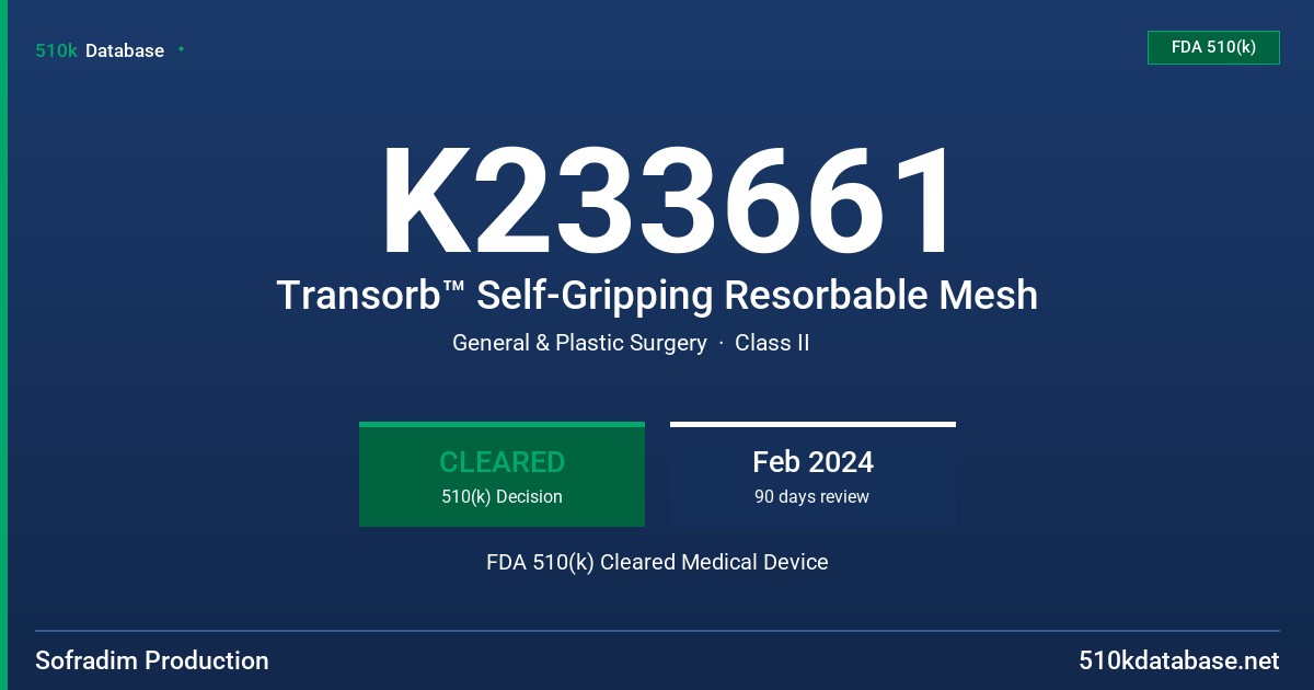 K233661 Transorb™ Self-Gripping Resorbable Mesh FDA 510(k) Cleared Medical Device