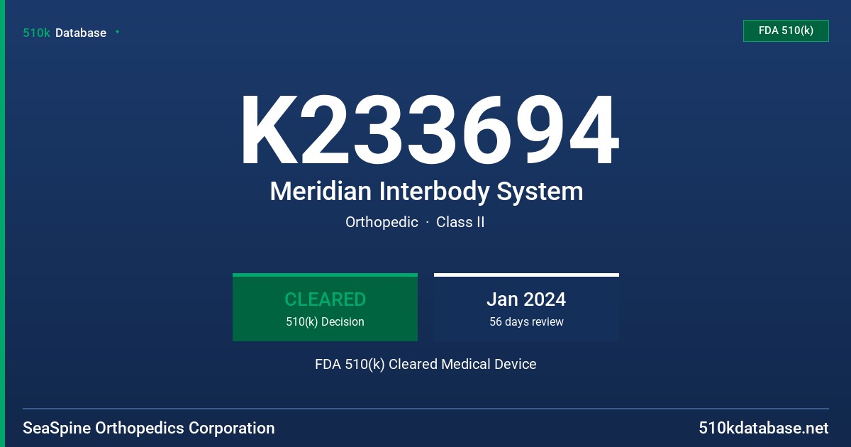 K233694 Meridian Interbody System FDA 510(k) Cleared Medical Device