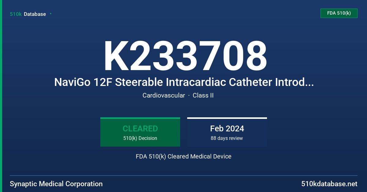 K233708 NaviGo 12F Steerable Intracardiac Catheter Introducer Kit (S12FS-01) FDA 510(k) Cleared Medical Device