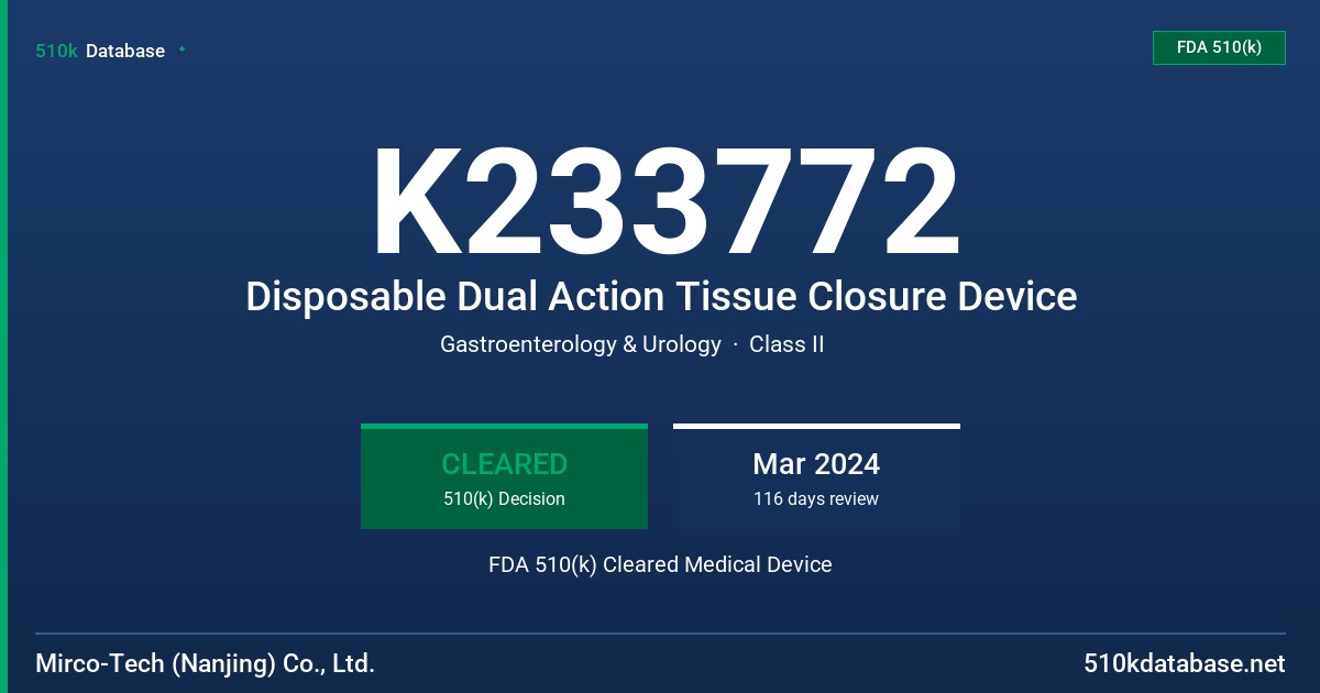 K233772 Disposable Dual Action Tissue Closure Device FDA 510(k) Cleared Medical Device