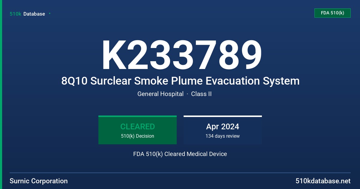 K233789 8Q10 Surclear Smoke Plume Evacuation System FDA 510(k) Cleared Medical Device