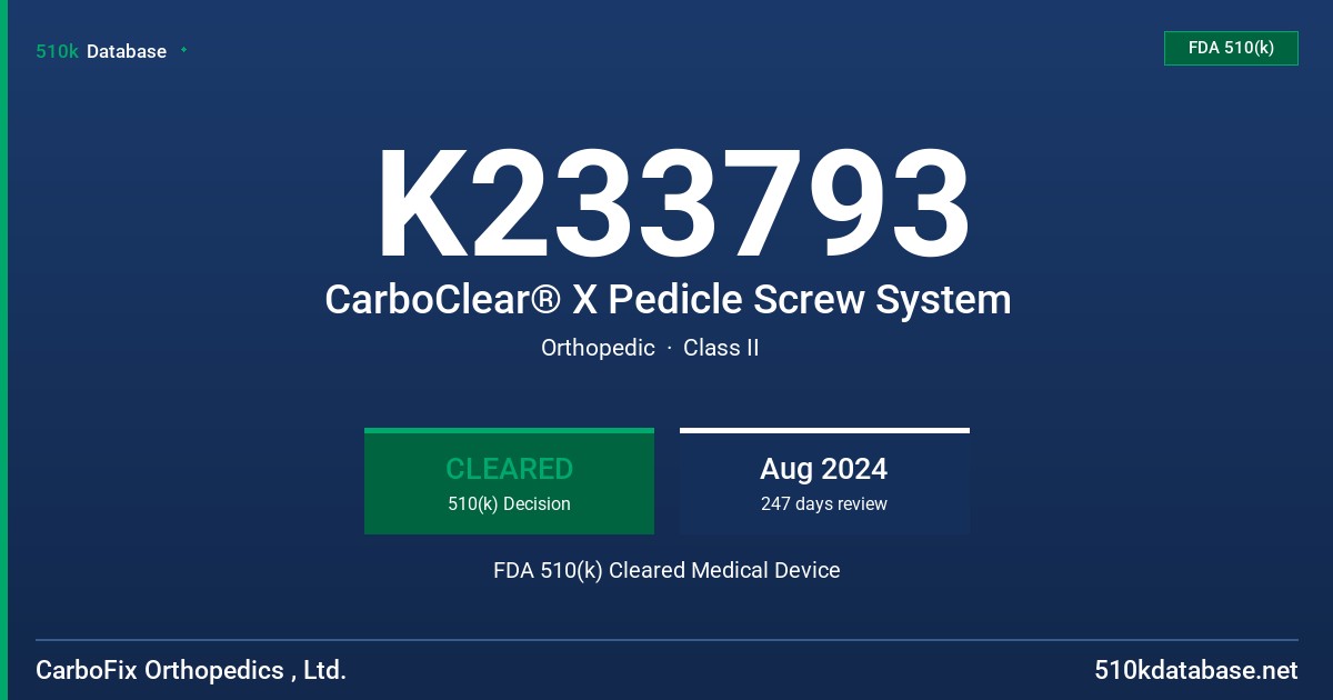 K233793 CarboClear® X Pedicle Screw System FDA 510(k) Cleared Medical Device
