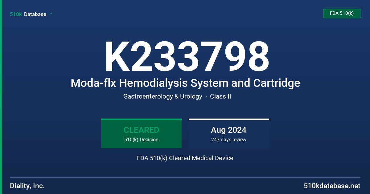 K233798 Moda-flx Hemodialysis System and Cartridge FDA 510(k) Cleared Medical Device